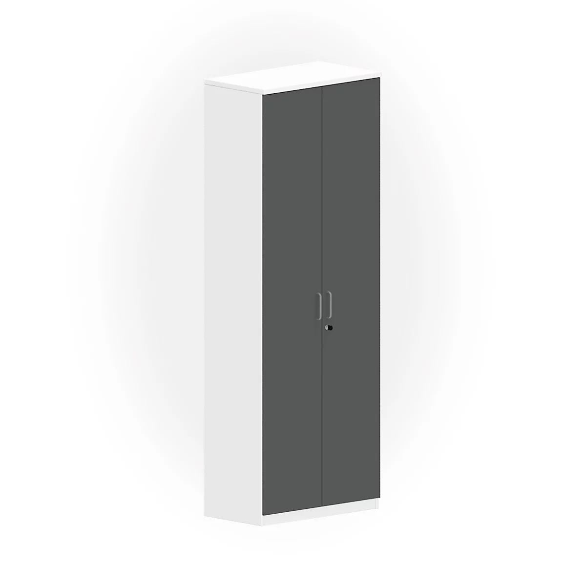 A white and gray cabinet with double doors. The doors are dark gray and have a handle and a keyhole.